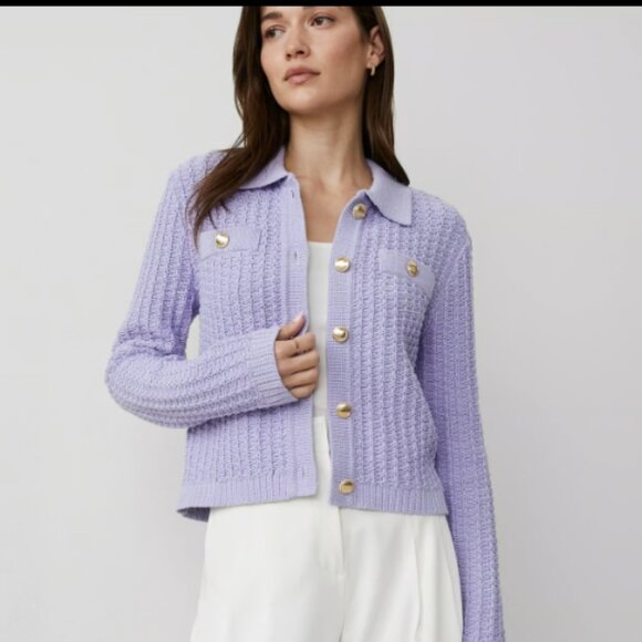 ANN TAYLOR LILAC BUD STITCHED COLLARED BUTTON SWEATER JACKET GOLD BUTTON $149 L - Picture 2 of 8